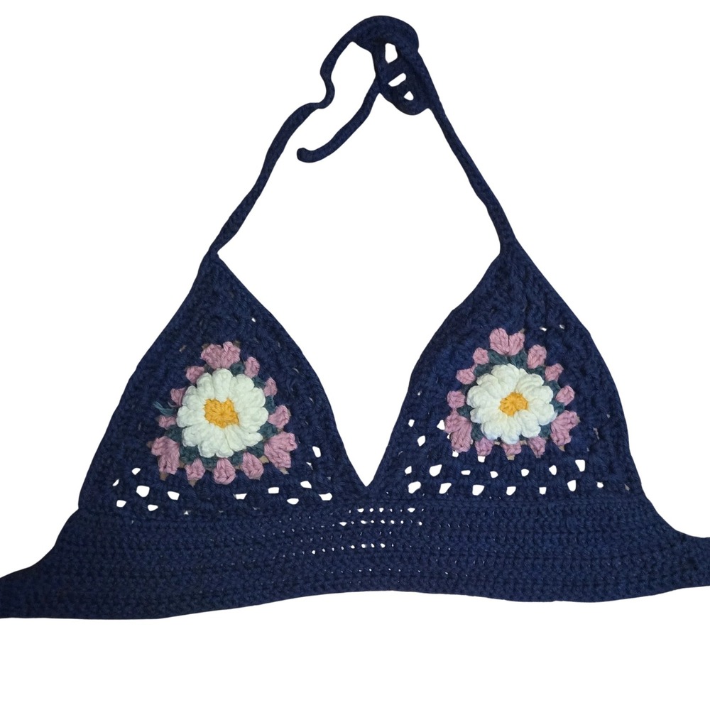 Handmade Navy Blue Crochet Daisy Halter Top Boho Festival Bralette Floral Granny
